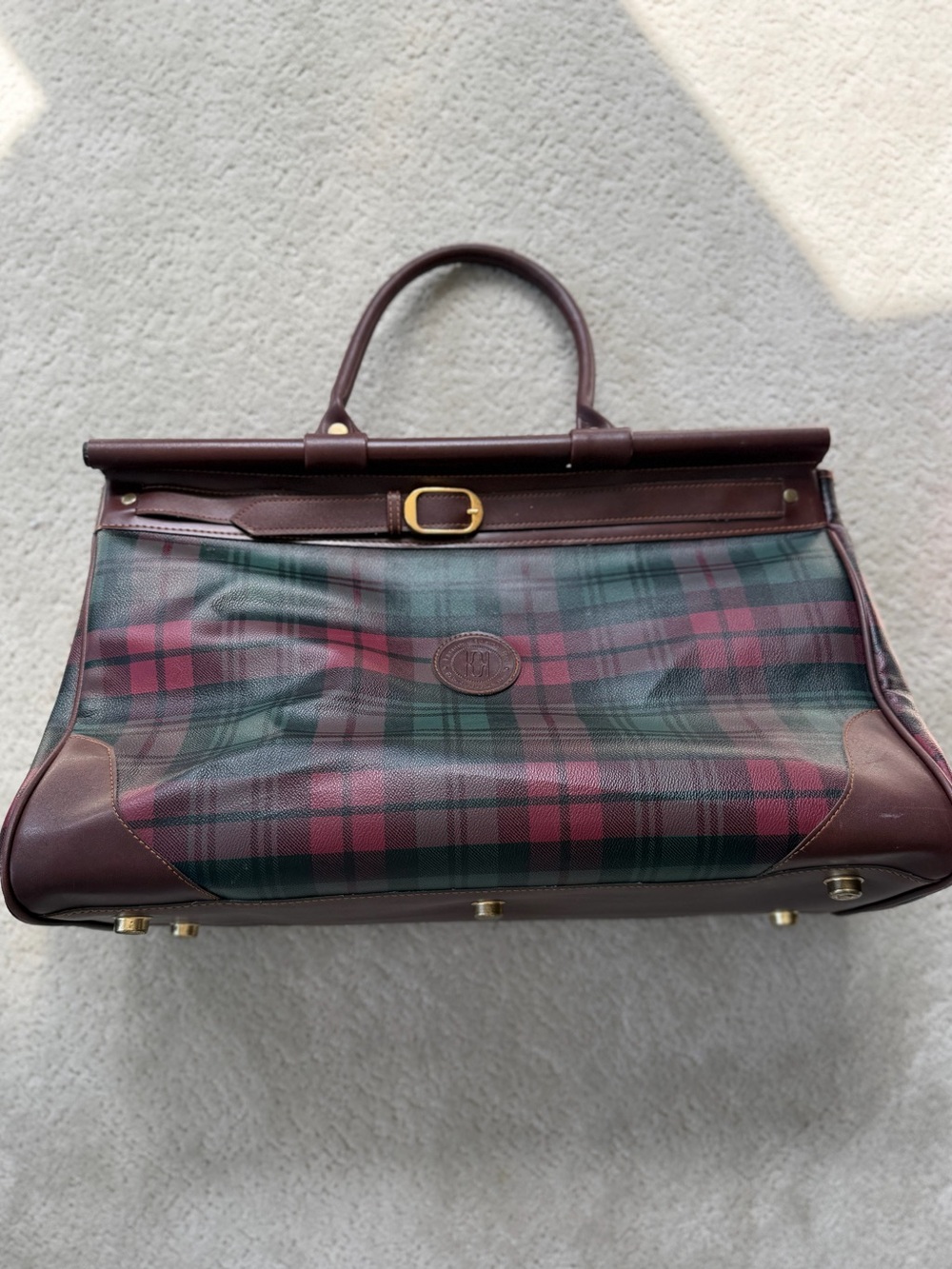 Classic Plaid Leather-Trim Tote in Burgundy by Unknown